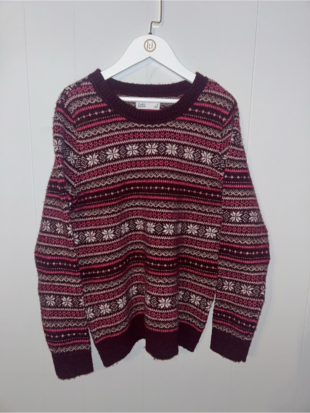 croft & barrow Maroon Crewneck Sweater with Pink and Cream Fair Isle